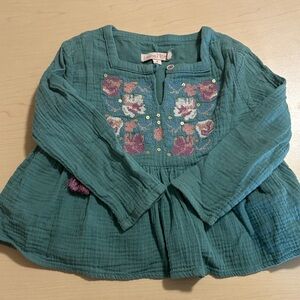 Charming Teal Kids Blouse with Floral Embroidery
